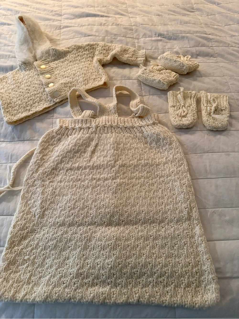 Hand-Knit Cream Baby Layette Set - Hooded Sweater, Gown, Booties & Mitts